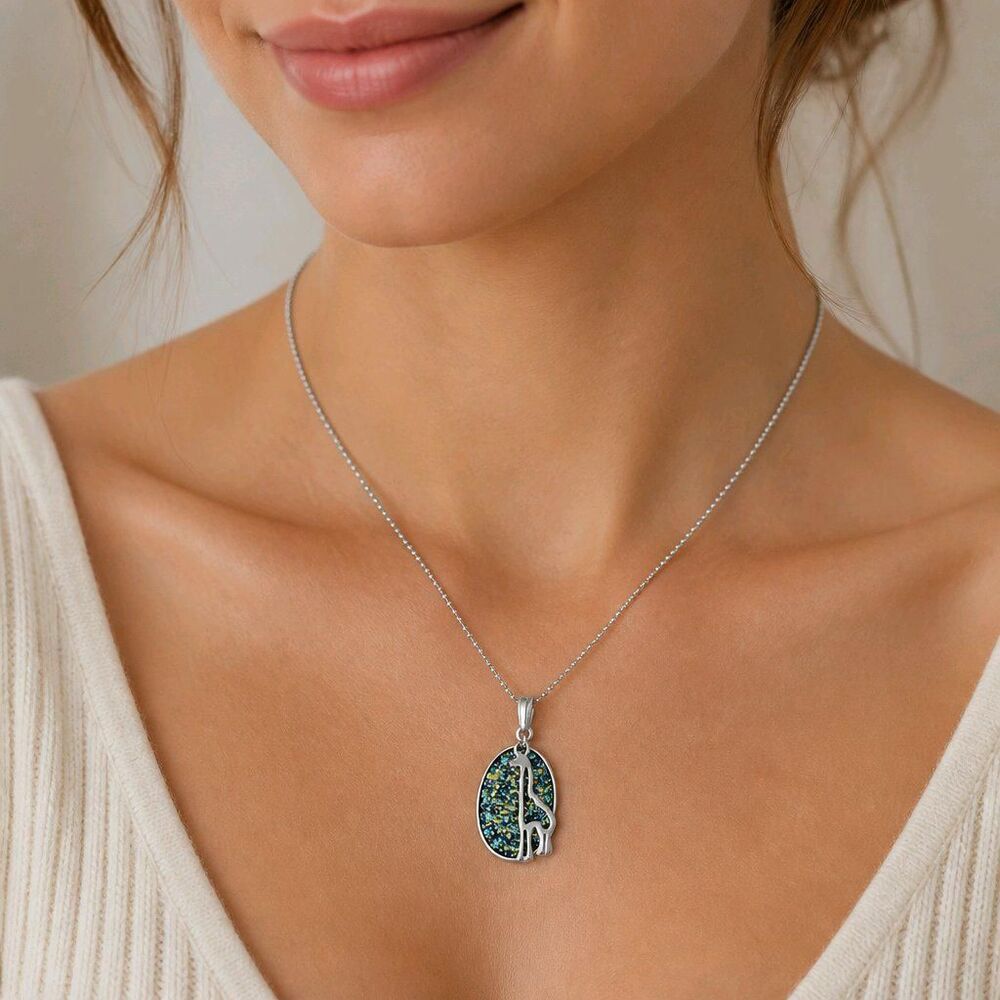 Adult Jewels Blue Green Druzy Oval & Silver Giraffe Pendant Necklace